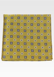 Mustard Yellow Mens Pocket Square with Navy Woven Design Pattern