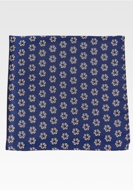 Navy Pocket Square with Silver Embroidered Roses