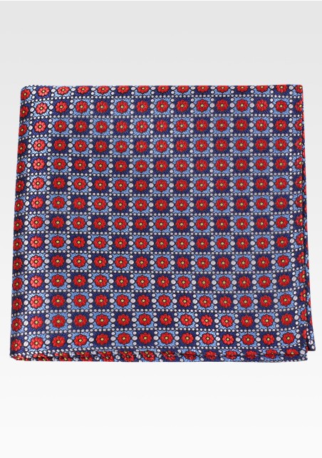 Blue Checkered Pocket Square with Red Florals