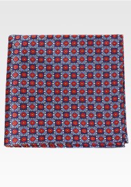 Blue Checkered Pocket Square with Red Florals