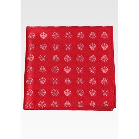 Bright Red Mens Pocket Square with Circular Design Pattern