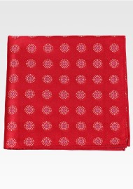 Bright Red Mens Pocket Square with Circular Design Pattern