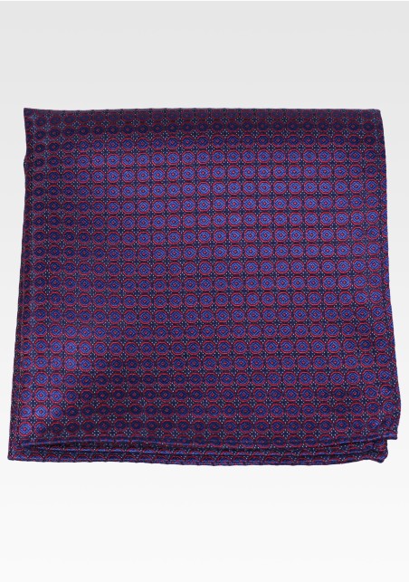 Navy Pocket Square with Fine Woven Circle Design in Red