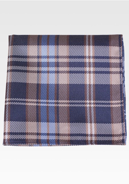 Navy Pocket Square with Tartan Check in Coffee Brown and Light Blue