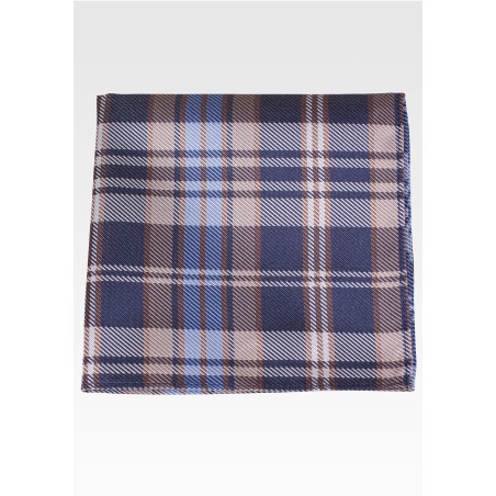Navy Pocket Square with Tartan Check in Coffee Brown and Light Blue