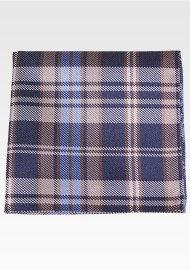Navy Pocket Square with Tartan Check in Coffee Brown and Light Blue