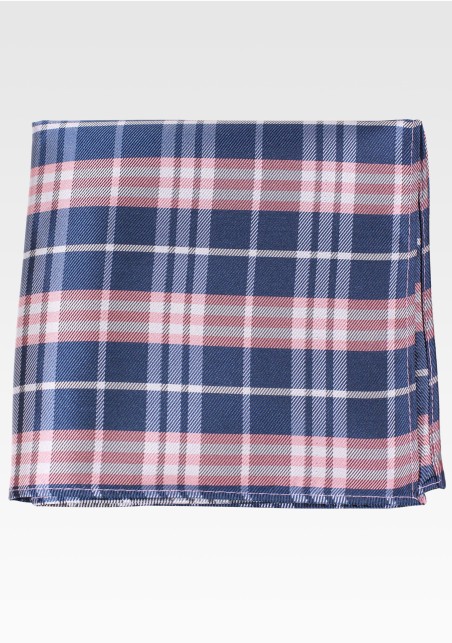 Pink and Navy Blue Tartan Check Pocket Square