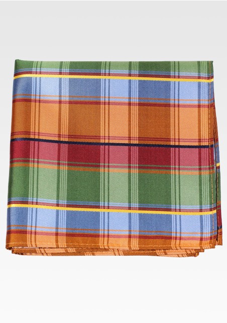 Lime Green with Orange and Turquoise Blue Madras Pocket Square