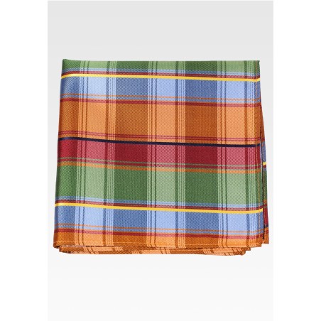 Lime Green with Orange and Turquoise Blue Madras Pocket Square