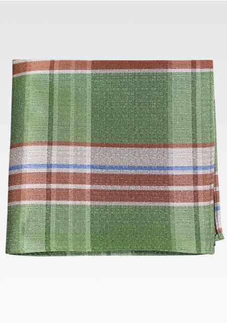 Green Pocket Square with Checks in Brown and Cream