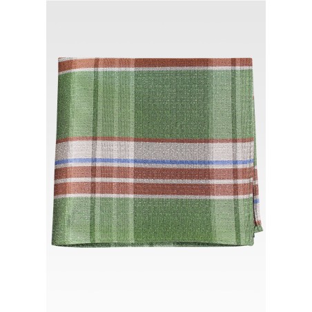 Green Pocket Square with Checks in Brown and Cream