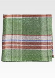 Green Pocket Square with Checks in Brown and Cream