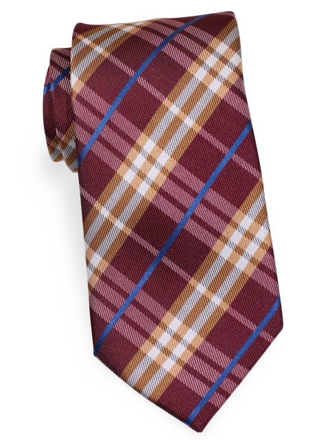 Tartan Check Necktie in Maroon Red and Amber Orange