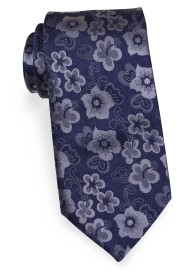 Floral Tie in Silver and Classic Navy