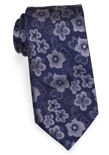 Dark Navy XL necktie with Embroidered Silver Flowers