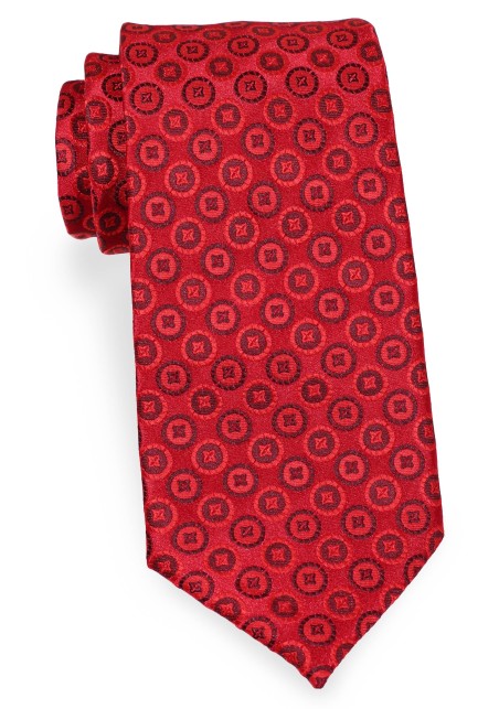 Crimson Red Necktie with Woven Medallion Design