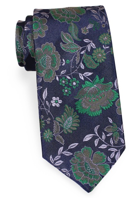 Navy and Green Floral Necktie in XL Size