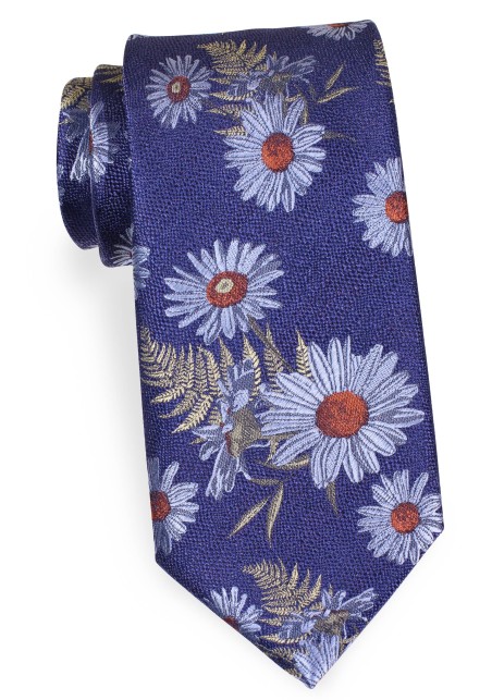 Blue Tie with Large Woven Daisy Flowers