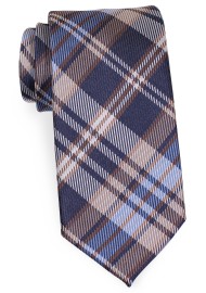 Navy Blue and Coffee Brown XL Length Tie with Tartan Plaid