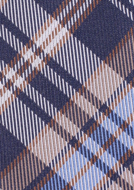 Navy Pocket Square with Tartan Check in Coffee Brown and Light Blue