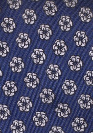 Navy XL Length Tie with Embroidered Roses in Silver