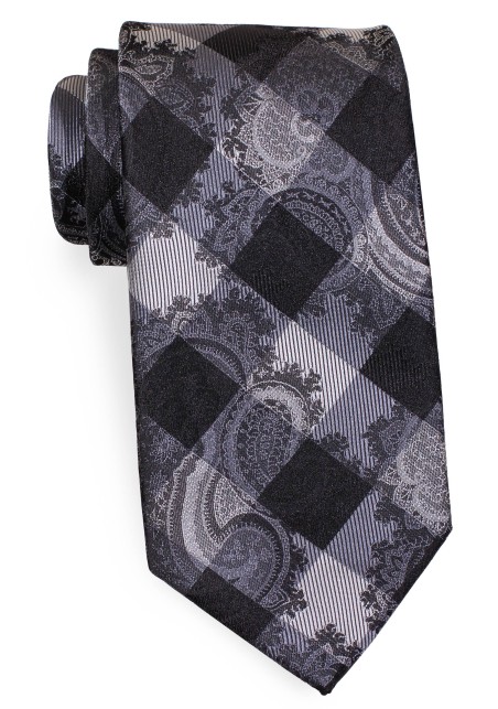 XL Tie in navy and Silver Gingham Paisley Design