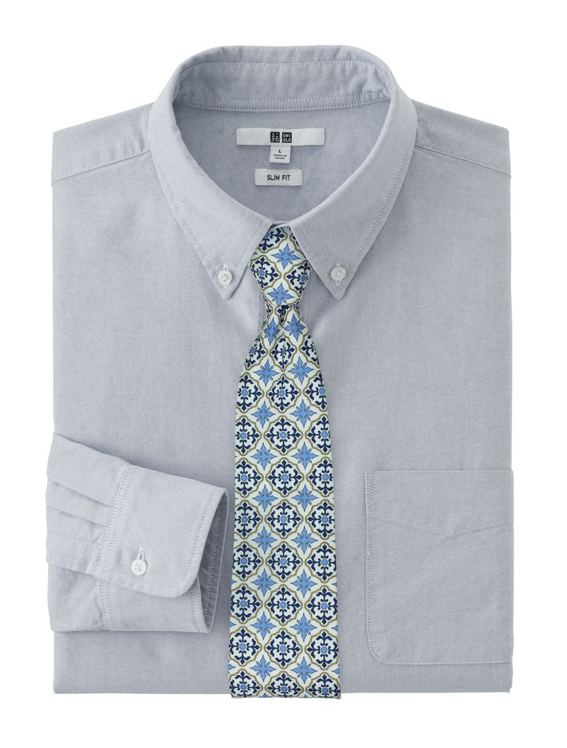 White and Blue Cotton Tile Print Tie