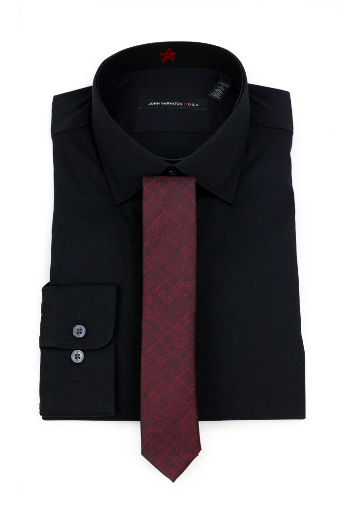 Black Shirt and Skinny Burgundy Tie