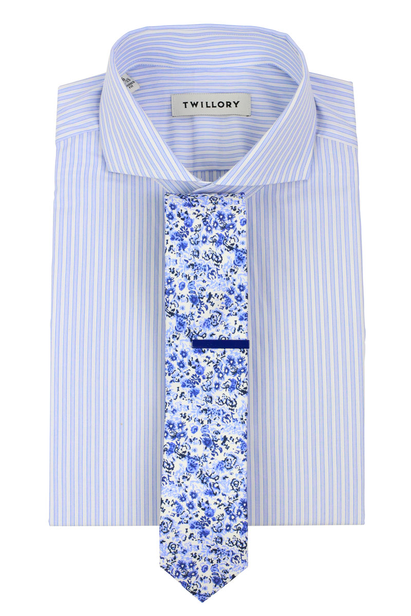 Blue Tie Bar Paired with Floral Blue + White Tie