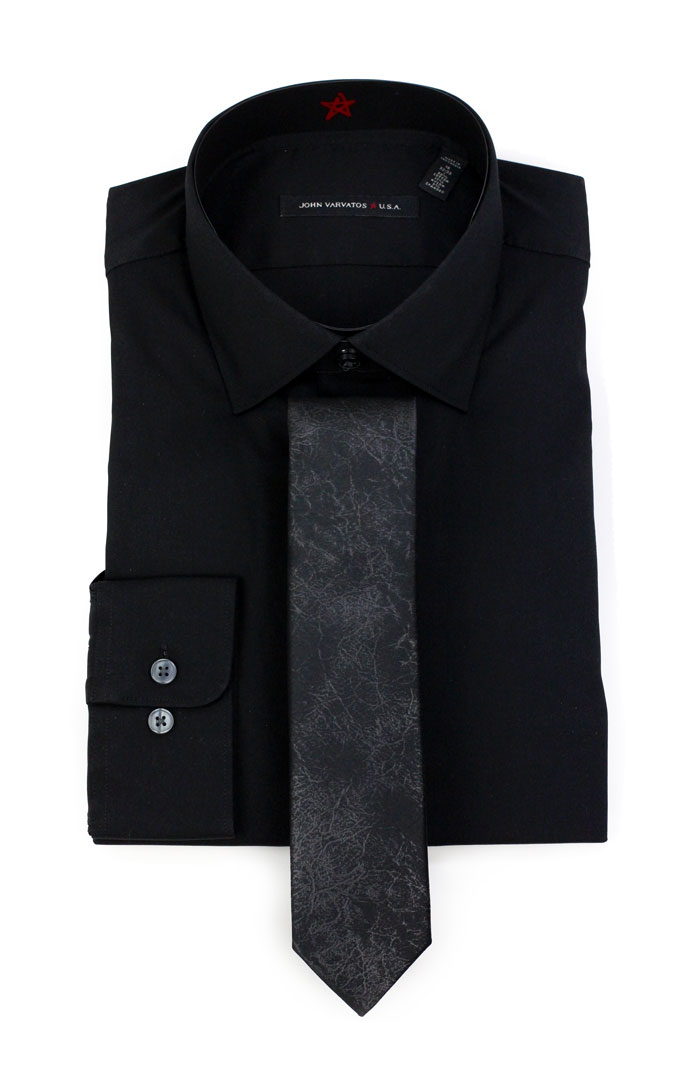 Black Shirt and Faux Leather Skinny Tie