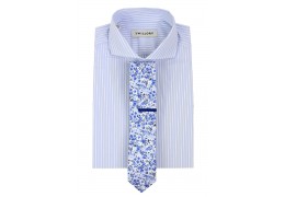 Striped French Cuff Shirt, Floral Skinny Tie + Blue Tie Bar